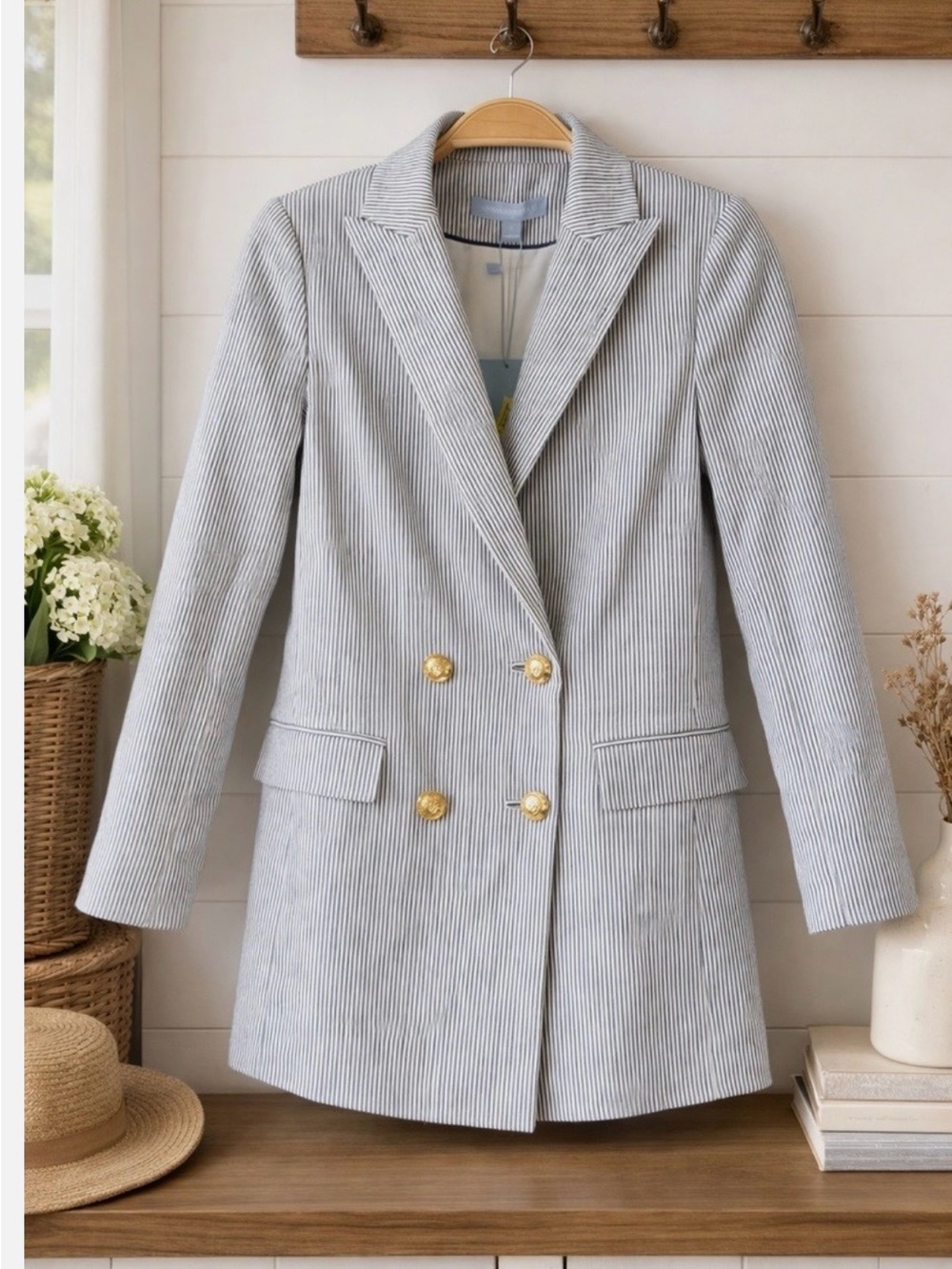 ANTONIO MELANI | Light Blue Pinstripe Double-Breasted Blazer with Gold Buttons